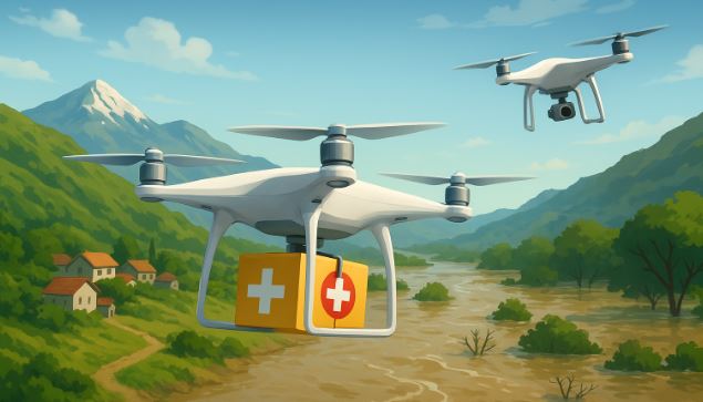 a drone carrying life-saving medicines flies across rugged mountains to reach a remote village
