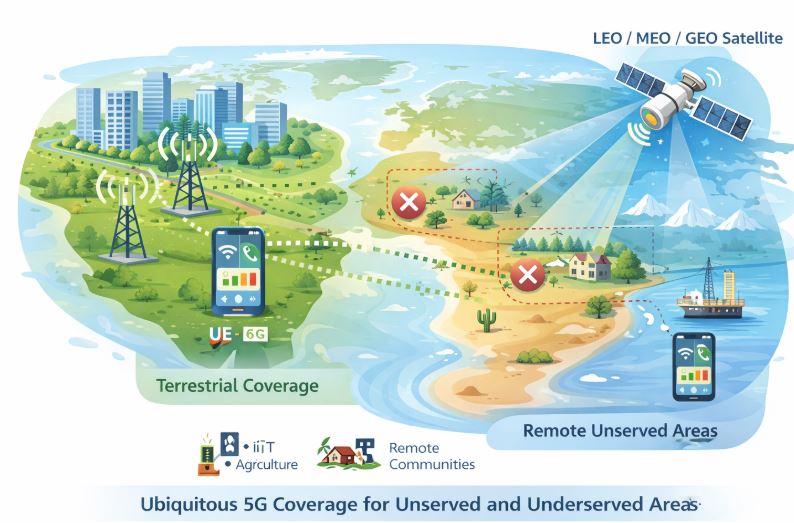 5G NTN satellite coverage providing connectivity to rural, remote, and maritime areas beyond terrestrial networks