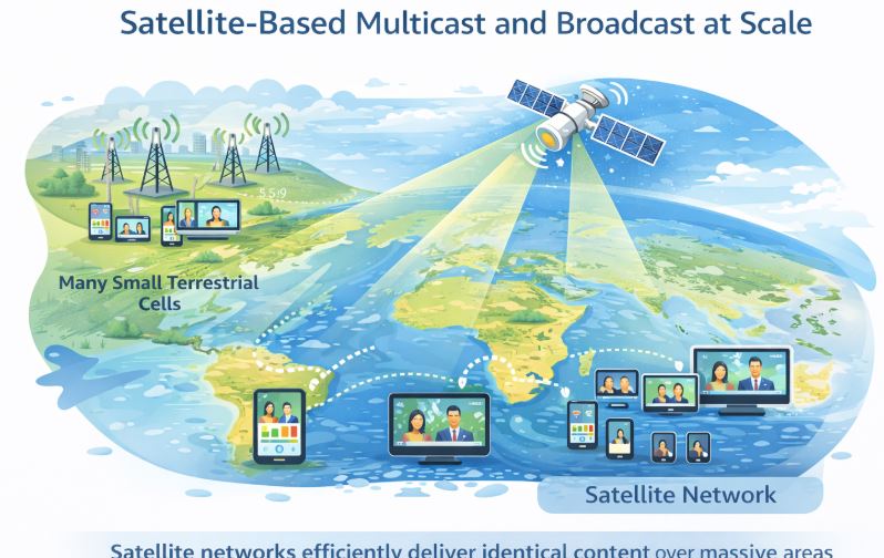 Satellite-based 5G NTN multicast and broadcast delivering content to large coverage areas efficiently