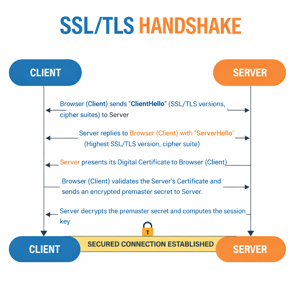 SSL/TLS handshake process diagram showing Client Hello, Server Hello, certificate exchange, key exchange, and secure encrypted connection between browser and server