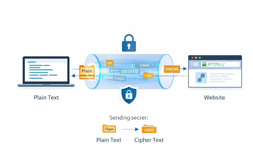 SSL encryption illustration showing plain text data converted into encrypted cipher text through a secure HTTPS tunnel between user device and website