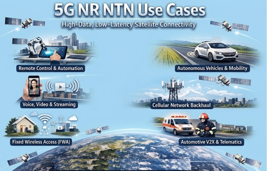 Infographic showing 5G NR NTN use cases, including remote control and automation, autonomous vehicles, voice and video streaming, cellular network backhaul, fixed wireless access, public safety response, high-performance IoT, automotive V2X, and global satellite connectivity