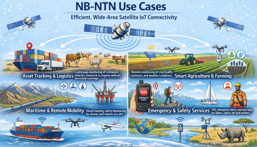 Infographic of NB-NTN satellite IoT use cases including asset tracking, agriculture, infrastructure monitoring, emergency services, maritime mobility, and environmental sensing