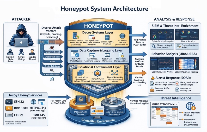 Honeypot System Architecture includes framework to detect, analyze, and respond to cyber threats using decoy systems and real-time attack monitoring.