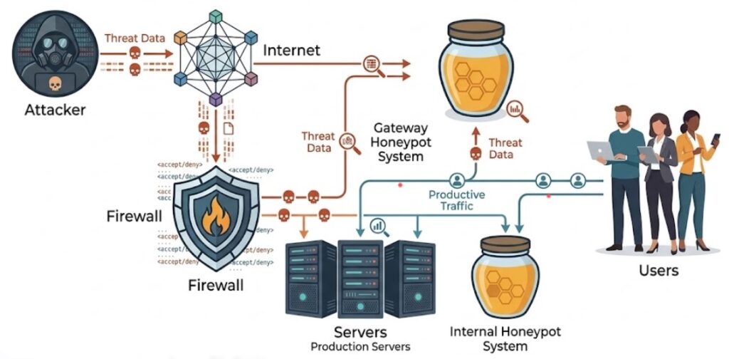A cybersecurity Honeypot illustrating how attackers are diverted to decoy systems while legitimate users access production servers.