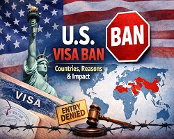 U.S. visa ban illustration showing Statue of Liberty, stop sign, and world map highlighting restricted countries.