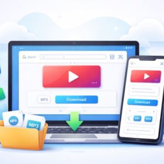 Y2Mate online video downloader interface showing MP4 and MP3 download on laptop and mobile