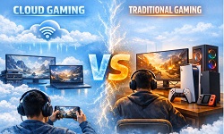 cloud gaming streaming from cloud servers to multiple devices versus traditional gaming on consoles and PCs with a gamer at a desk